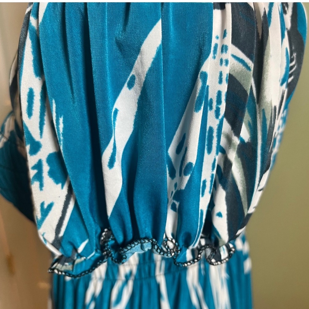 ❤️NWOT Teal Blue Maxi Dress Off Shoulder Short Sleeve Smocked Bohemian Medium - Picture 4 of 8